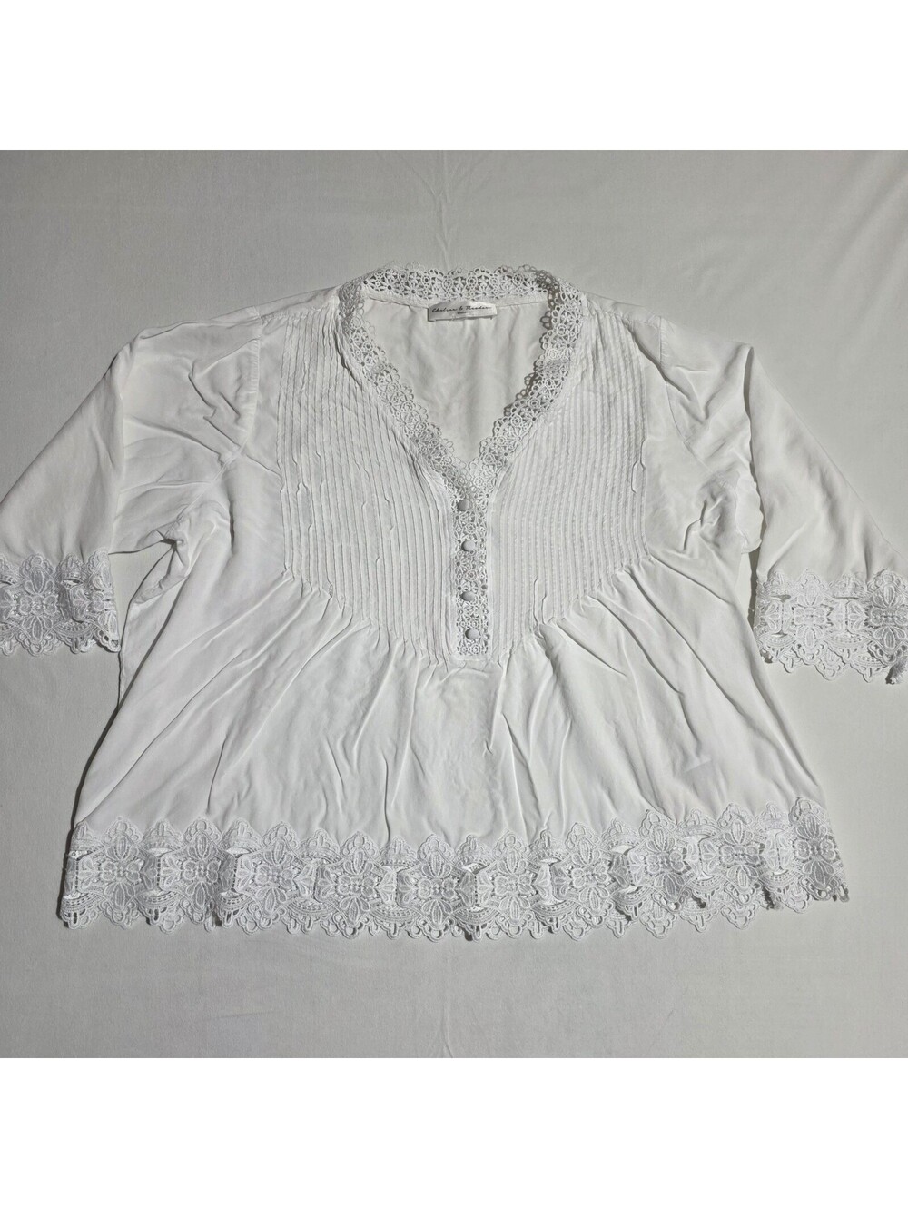 Chelsea & Theodore Woman White Lace Trim Pintuck Boho Peasant Blouse Size 1X/2X